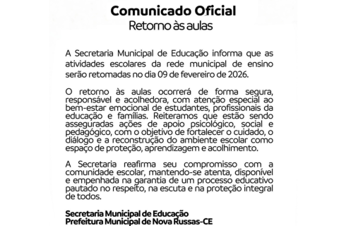 Secretaria de Educação anuncia retorno das aulas na rede municipal de Nova Russas