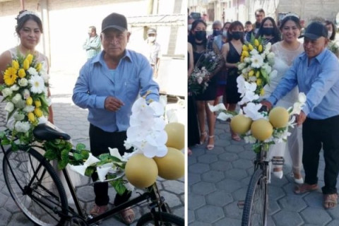 Sem condições de alugar um carro, pai decora bicicleta com flores e leva a filha pedalando até o casamento