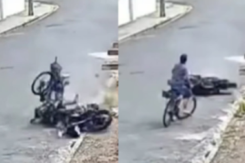 Câmeras flagram grave acidente entre moto e ciclista